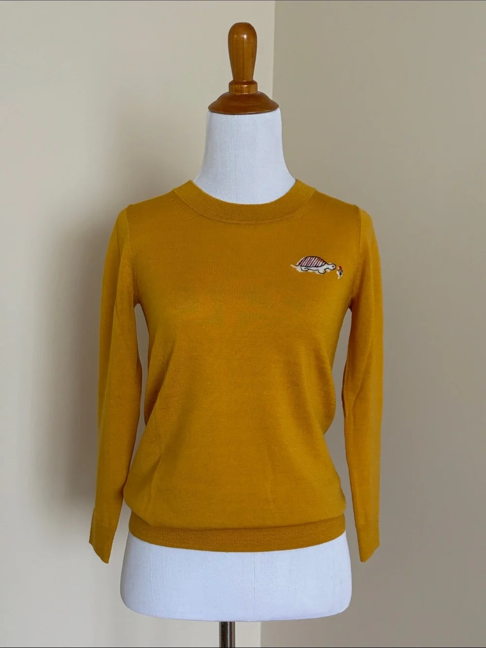 J. Crew Mustard Crewneck Merino Wool Sweater with Turtle Embroidery